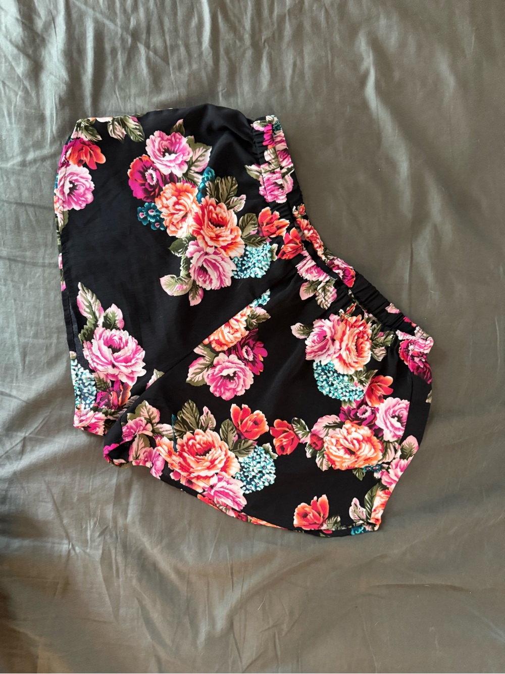 Ambiance Black Floral Women's Shorts with Pink and Coral Roses